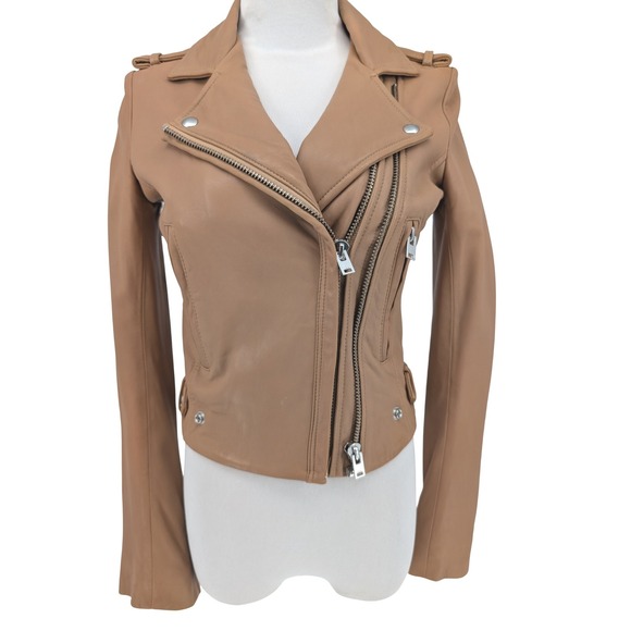 IRO Luigaspe Moto Jacket Women 36 Tan Lamb Leather Asymmetrical Zip Biker Chic - Picture 4 of 16